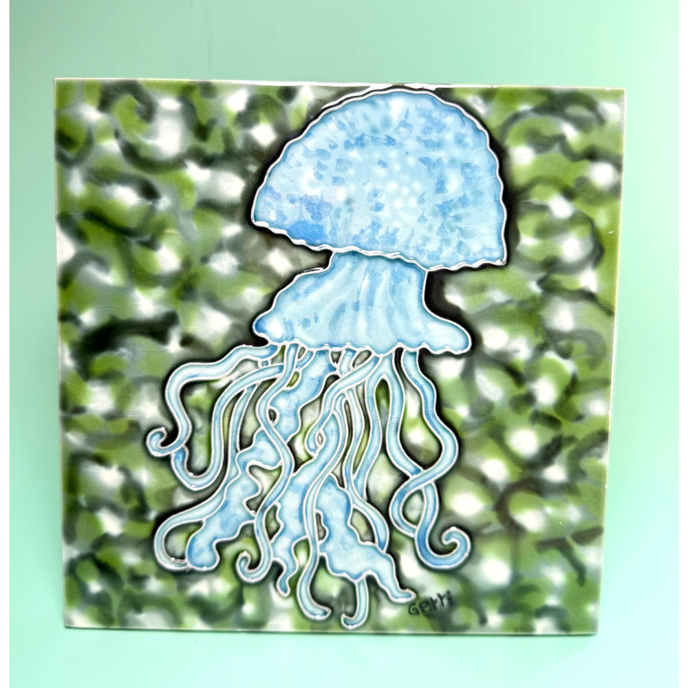 Handmade Blue Jellyfish Ceramic Art Pottery Tile Signed Gerri Easel Back or Wall - Picture 1 of 7